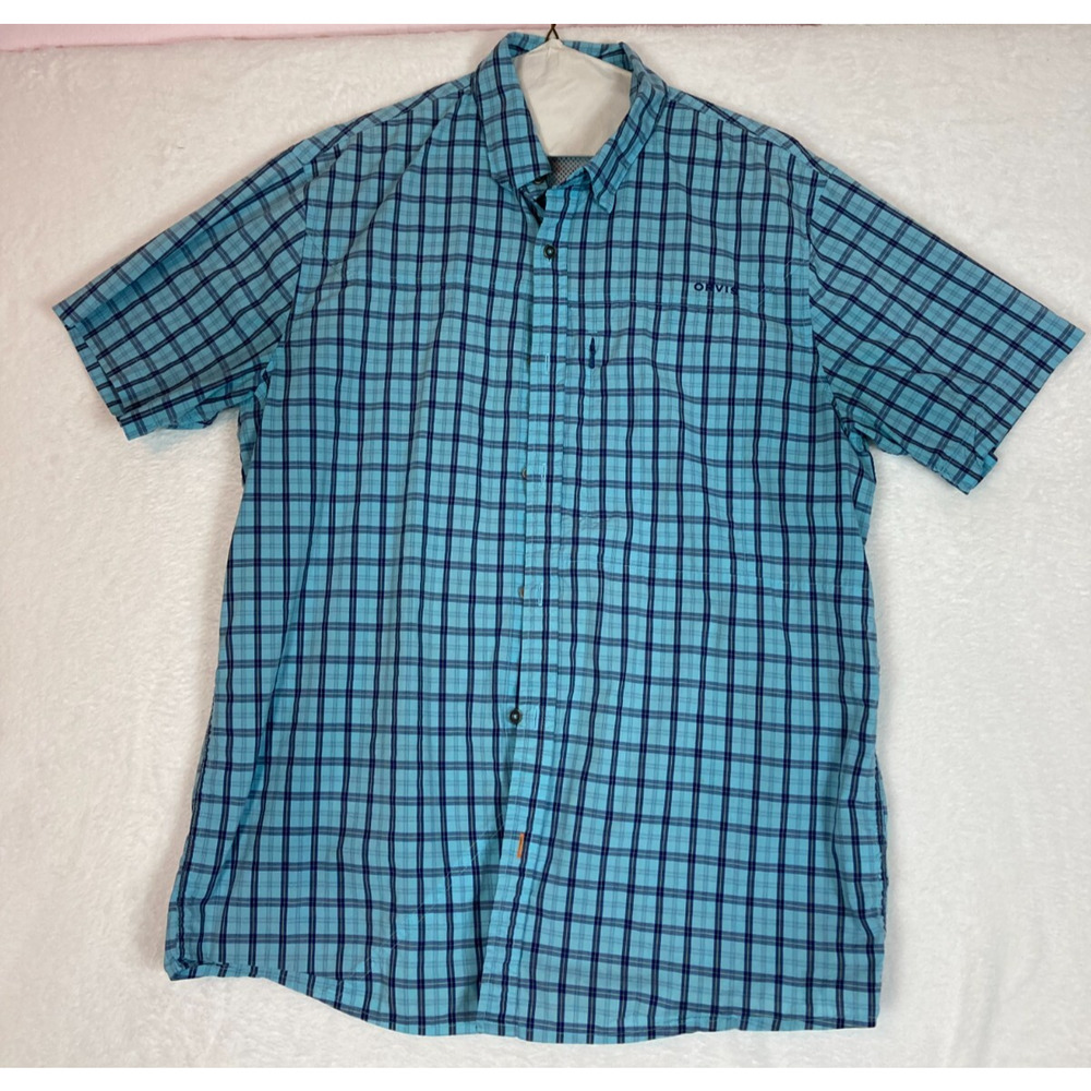Orvis Vented Shirt Men's M Blue Plaid Short Sleeve Pockets Hiking Fishing Pocket
